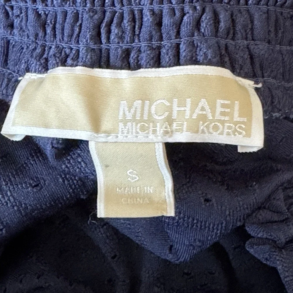 Michael Kors Off Shoulder Eyelet Smocked Navy Peasant Blouse Women's Small